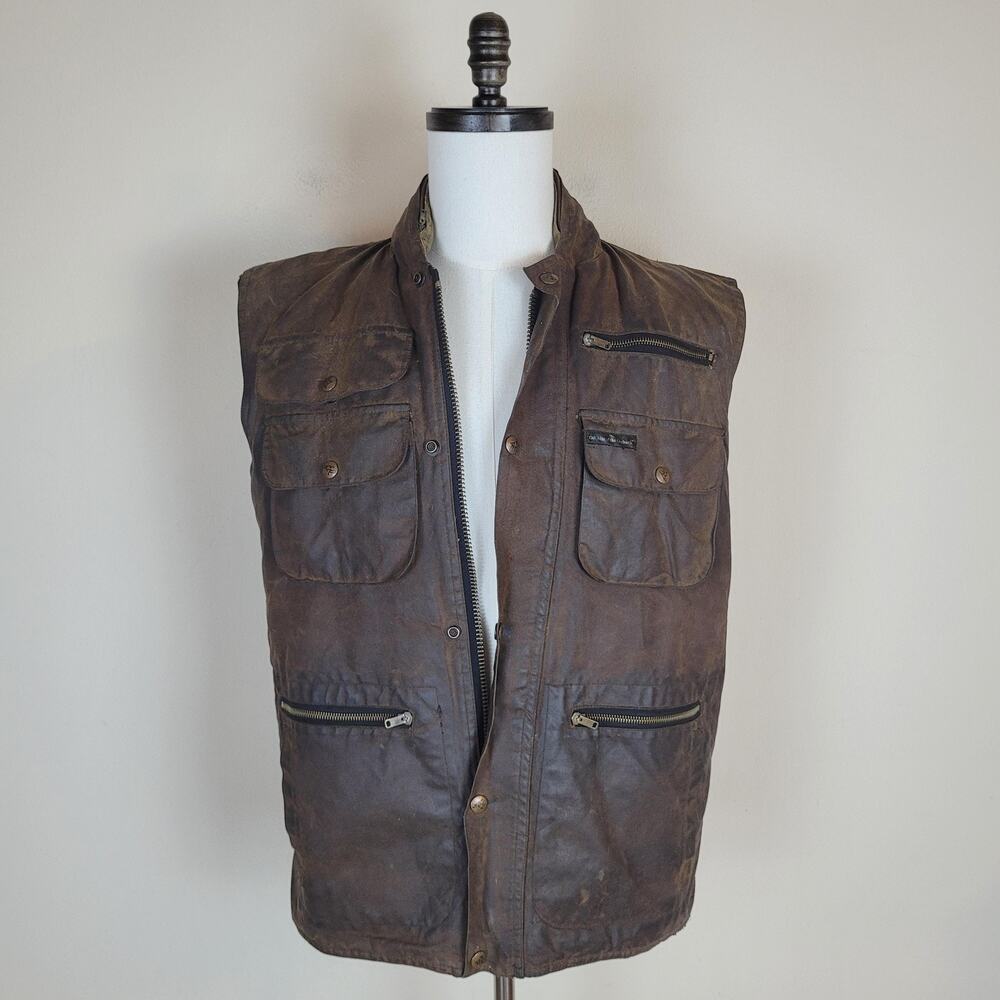 VTG Outback Trading Co Oilskin Vest Lg Brown Waxed Canvas Hooded Western Utility